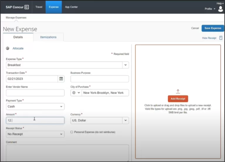 Adding an expense in Concur: 