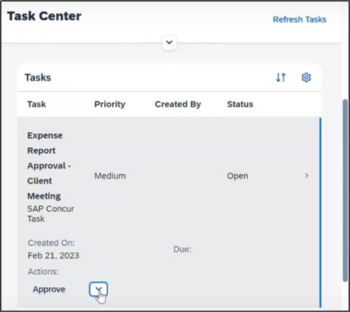 An expense entry in Concur now effortlessly triggers an approval task in the Task Center.